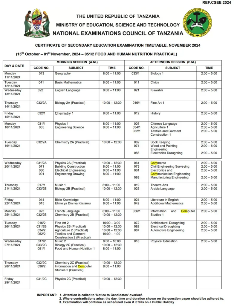 Hii Apa Ratiba ya Mtihani wa Taifa Kidato cha Nne 2024/2025